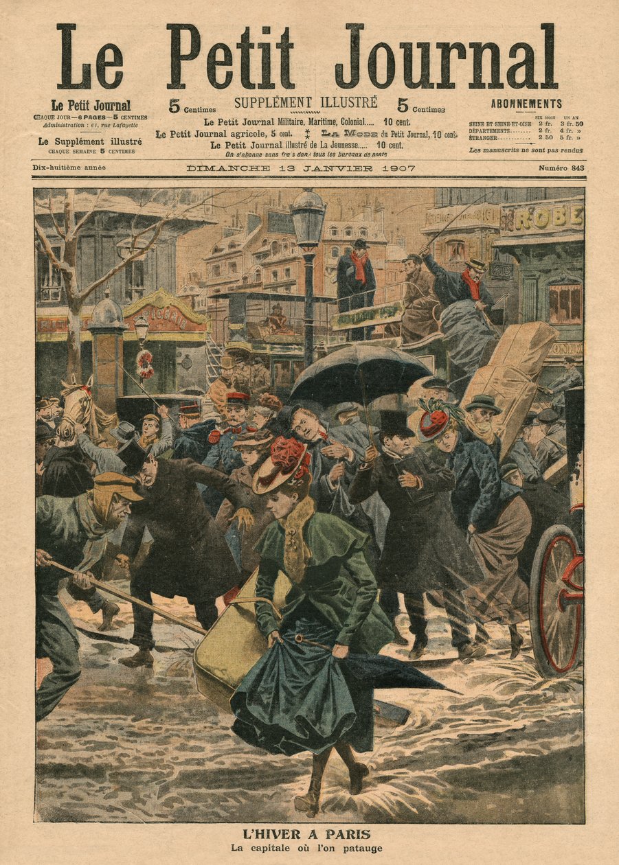 Zima w Paryżu, spacer po błocie, ilustracja z „Le Petit Journal”, dodatek illustre, 13 stycznia 1907 autorstwa French School