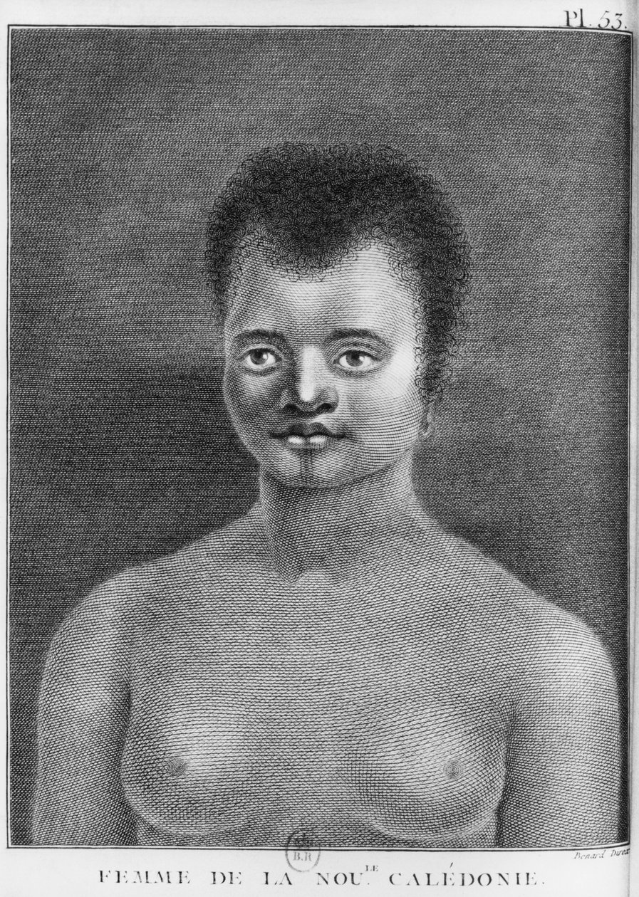 Kobieta z Nowej Kaledonii, grawerowana przez Benarda (XVIII wiek) ilustracja z „Drugiej podróży kapitana Jamesa Cooka, 1774 autorstwa French School
