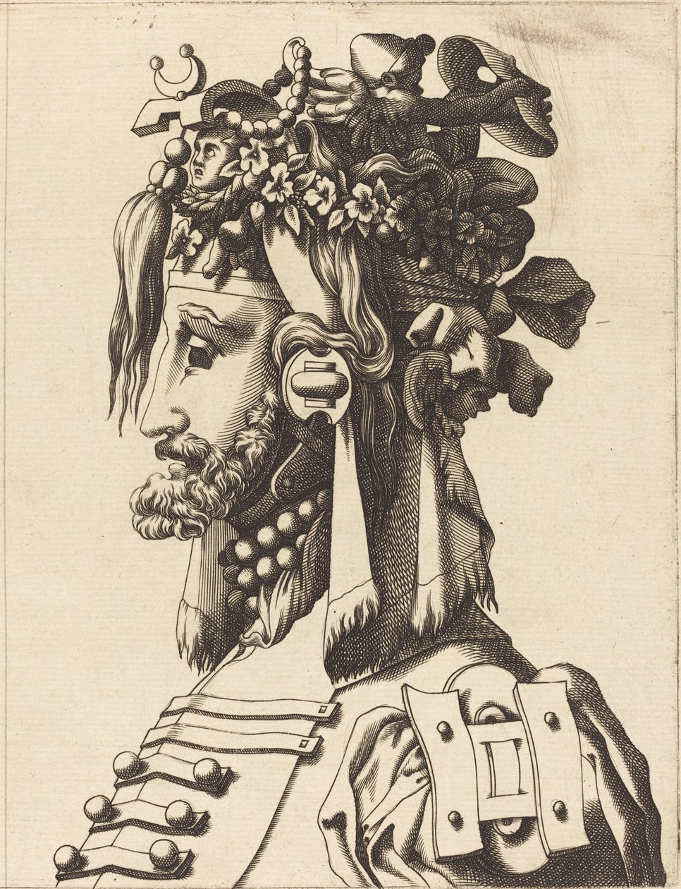 Popiersie mężczyzny w ekstrawaganckim stroju autorstwa French 16th Century after René Boyvin or Pierre Milan