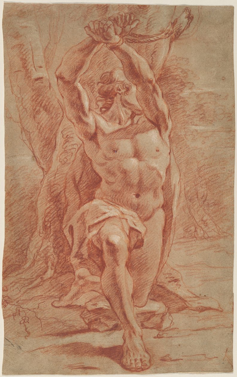 Klęczący mężczyzna przywiązany do drzewa autorstwa French 17th Century