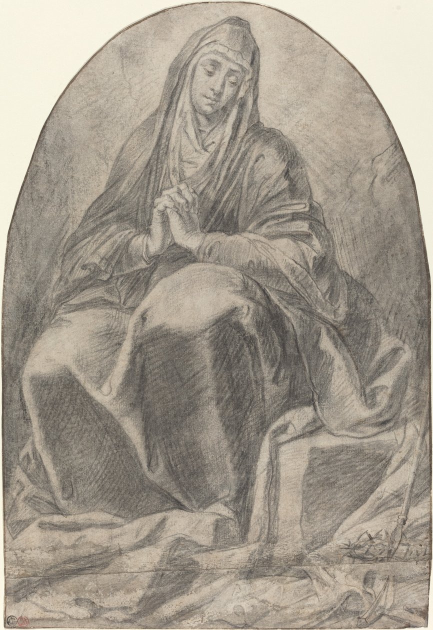 Opłakująca Dziewica Kontemplująca Narzędzia Męki Pańskiej autorstwa French 17th Century