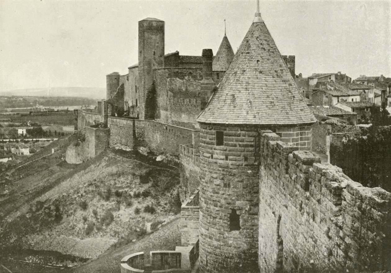 Carcassonne, La Cite (zdjęcie czarno-białe) autorstwa French Photographer