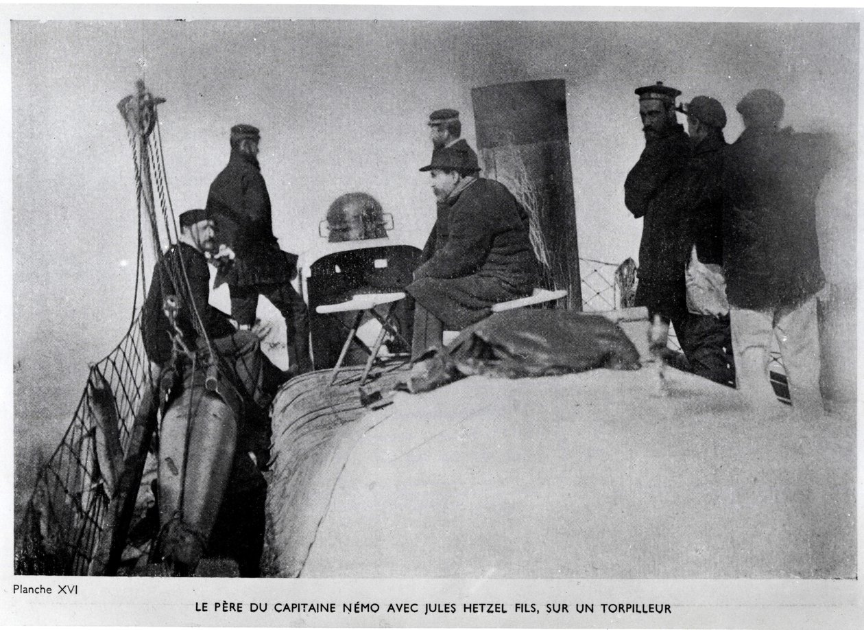 Jules Verne (1828-1905) i syn Julesa Hetzela na torpedzie. autorstwa French Photographer