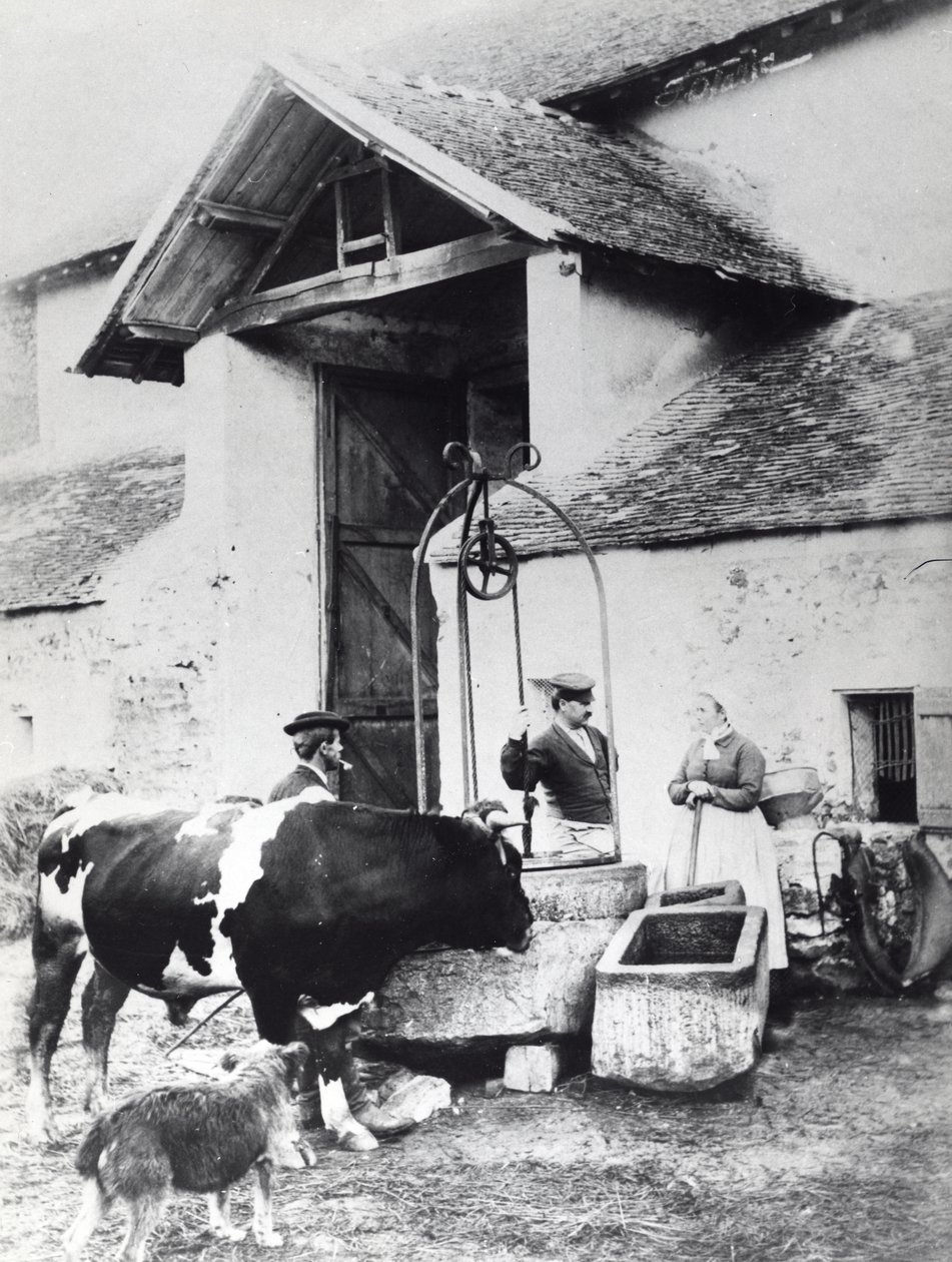 Chłopi wokół studni, w obejściu, ok. 1860-70 (zdjęcie czarno-białe) autorstwa French Photographer