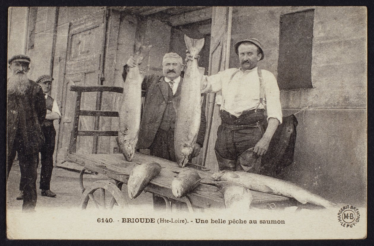 Pocztówka przedstawiająca dobry połów łososia w Brioude, Haute-Loire, ok. 1900 autorstwa French Photographer