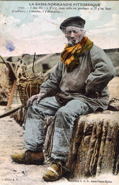 Pocztówka z Normandii przedstawiająca starego psa morskiego, ok. 1914 (kolor lito) autorstwa French Photographer