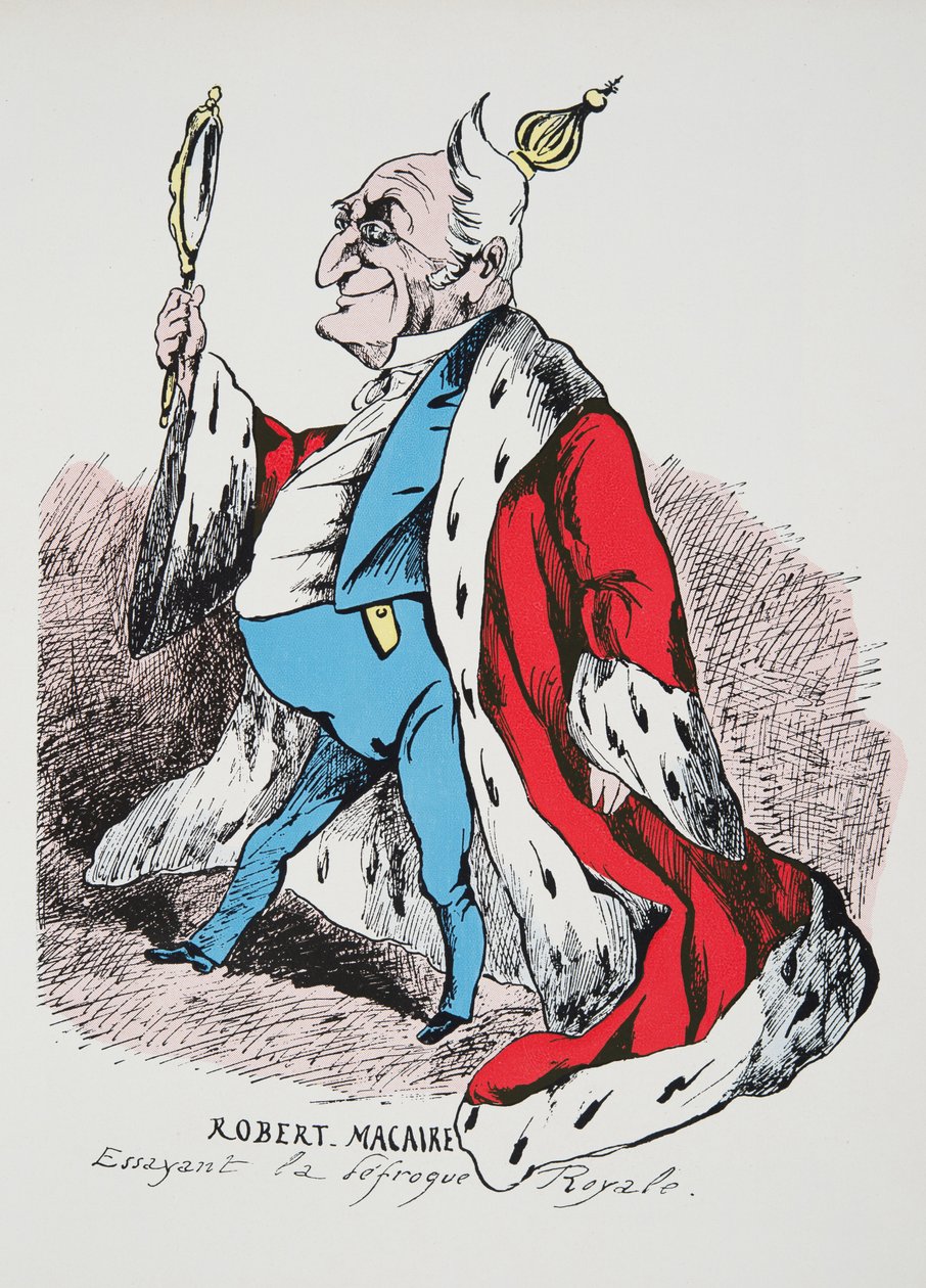 Robert Macaire - Próbując na Royal Disfrock, z Histoire de la Troisieme Republique, tom. I, Historia polityczna, wyd. 1933 (kolor lito) autorstwa French Photographer