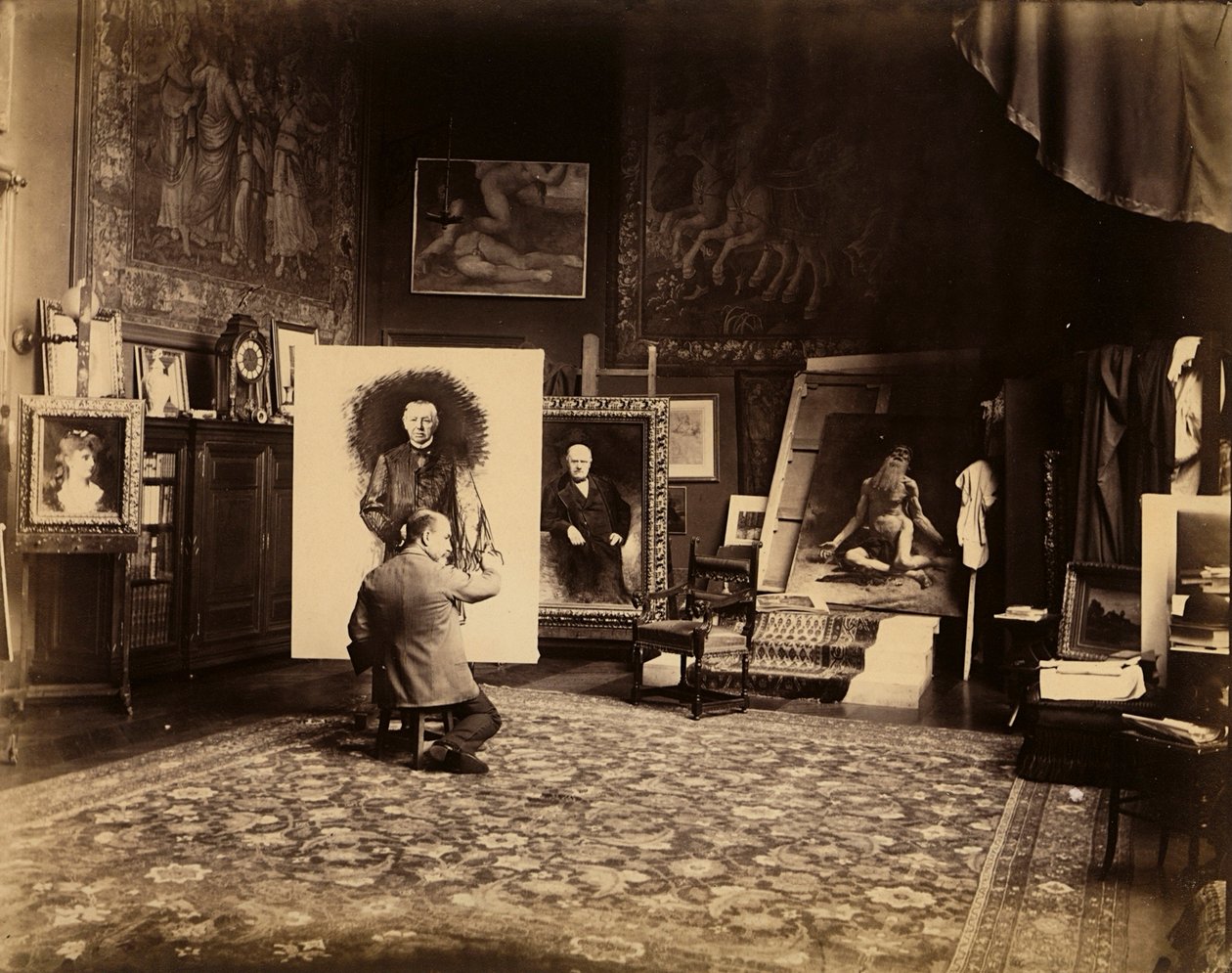 Pracownia malarza Leona Bonnata, ok. 1890 (zdjęcie czarno-białe) autorstwa French Photographer