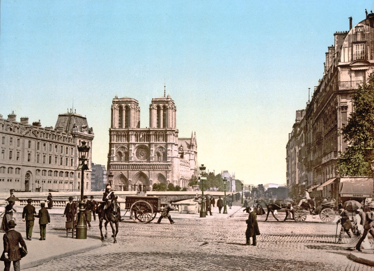 Fasada Zachodnia Notre Dame i Pont St. Michel, Paryż, wyd. ok. 1900 autorstwa French Photographer
