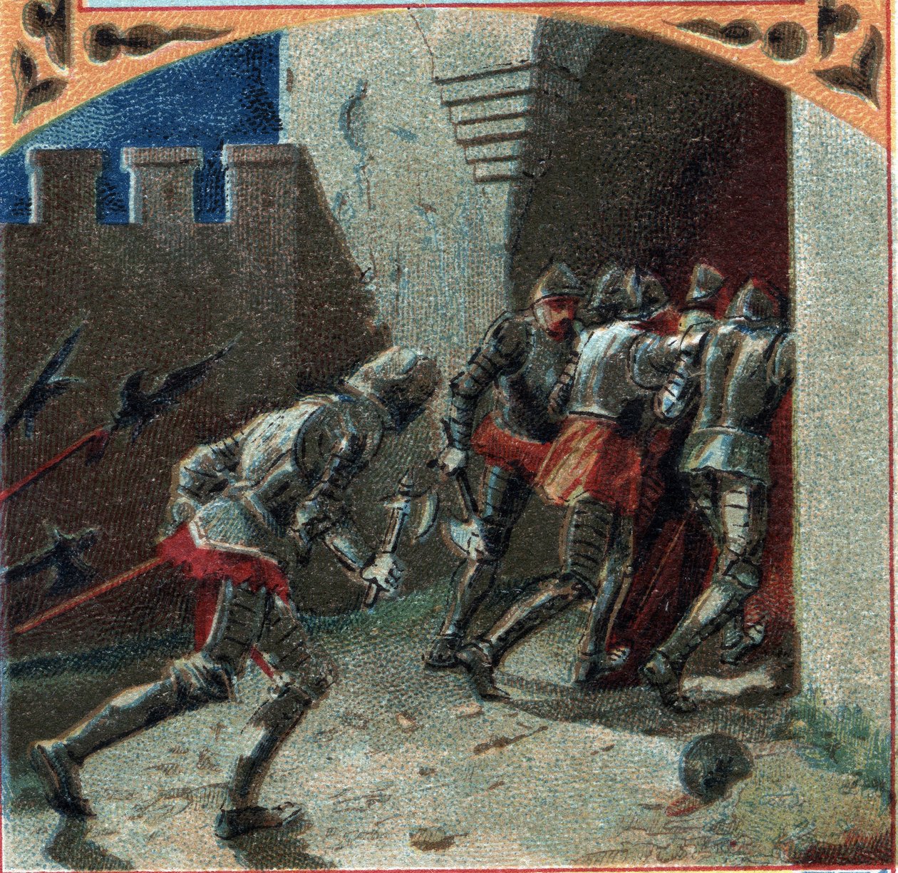 Wojna 100-letnia: armia Burgundów przez zdradę zajęła zamek Pierrefonds (XIV wiek). Chromolitografia z końca XIX wieku autorstwa French School