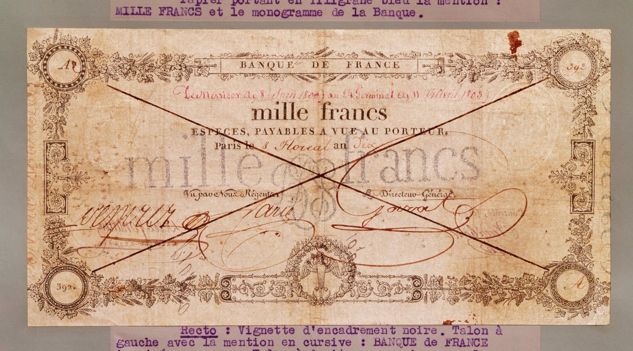 Banknot 1000 franków z 8 Floreal, An X (28 kwietnia 1802) (tusz na papierze) autorstwa French School
