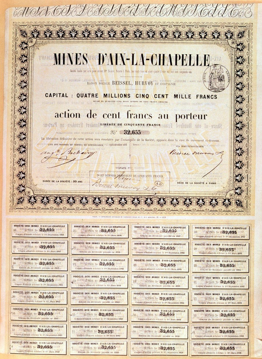 100 franków Udział na okaziciela kopalni w Akwizgranie, 1856 autorstwa French School