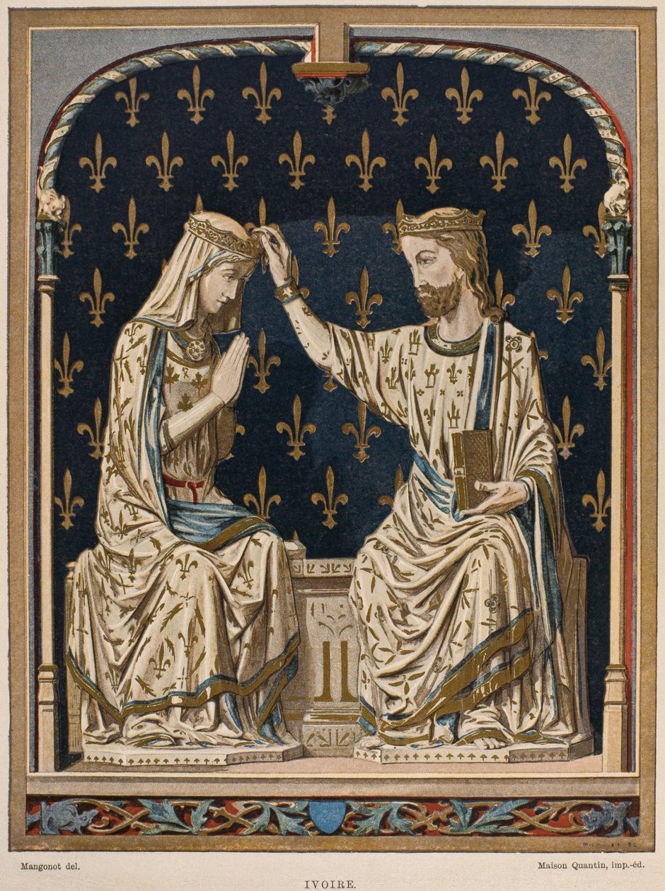 XIV-wieczna koronacja Matki Boskiej, kość słoniowa z Luwru, ilustracja z Dictionnaire de lameublement et de la decoration autorstwa Henry