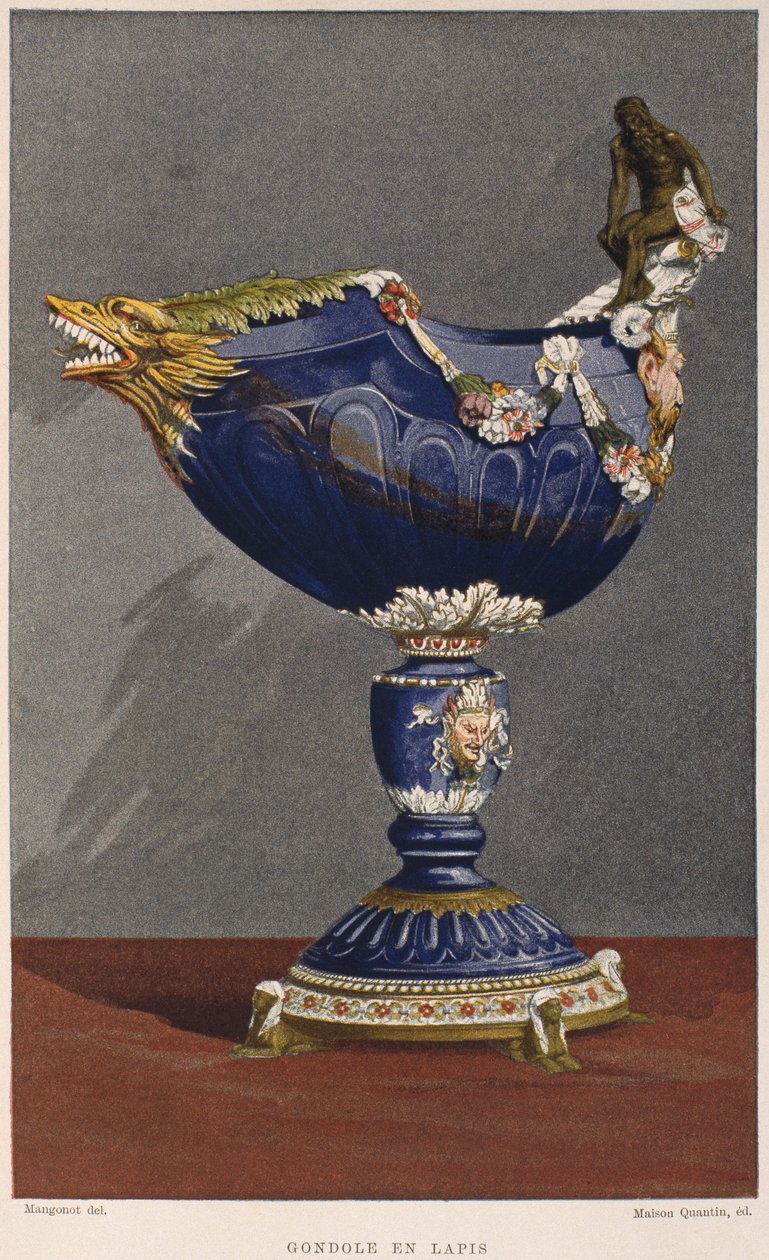 XVI-wieczny puchar w kształcie gondoli inkrustowany lapis lazuli, oprawiony w emaliowane i srebrne złocenie, ilustracja z Dictionnaire de lameublement et de la dekoracji autorstwa Henry