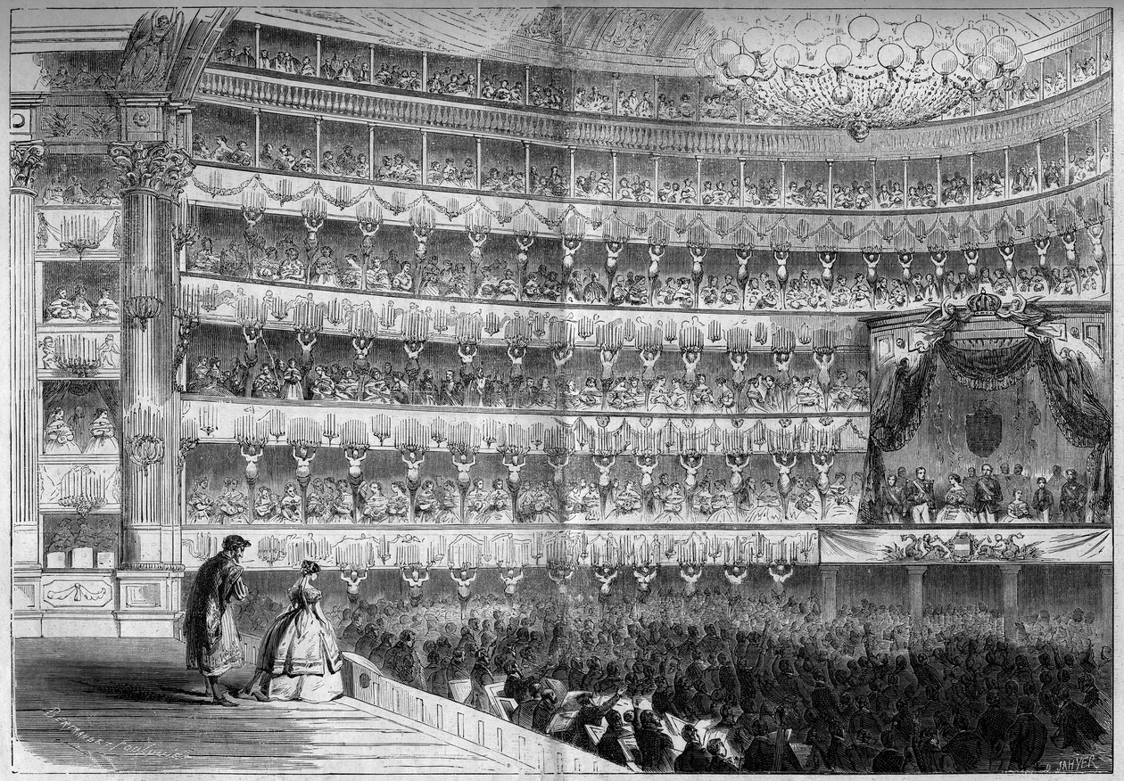 Architektura XVIII wieku: widok wnętrza Teatru Królewskiego (Teatro Regio) w Turynie (Włochy) podczas pokazu galowego 23 stycznia autorstwa French School