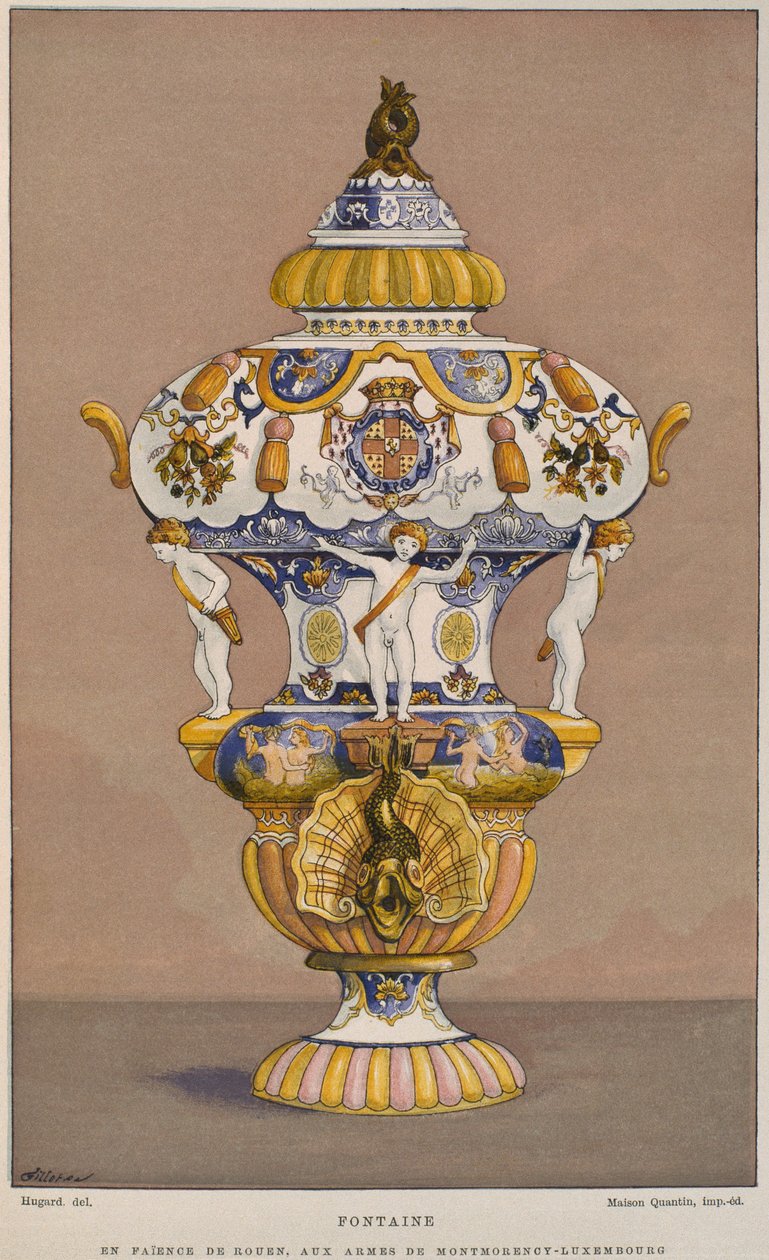 Fajansowa fontanna z XVIII w. z herbem Montmorency Luksemburg, wyprodukowana w Rouen, ilustracja z Dictionnaire de lameublement et de la decoration autorstwa Henry