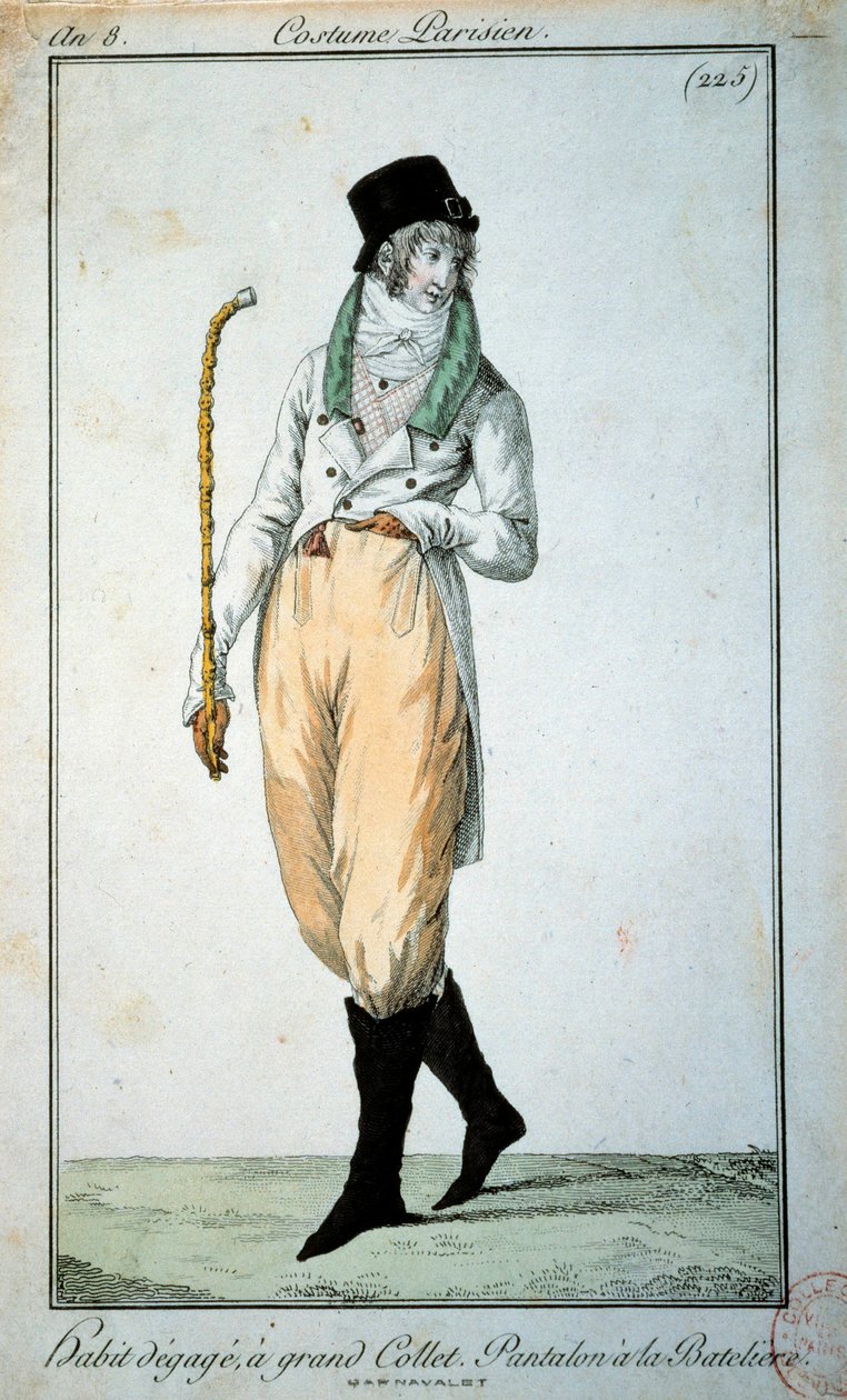 XVIII-wieczna moda: paryski garnitur z dużym kołnierzem, spodnie z łódeczkami. Paryż, Musée du Costume autorstwa French School