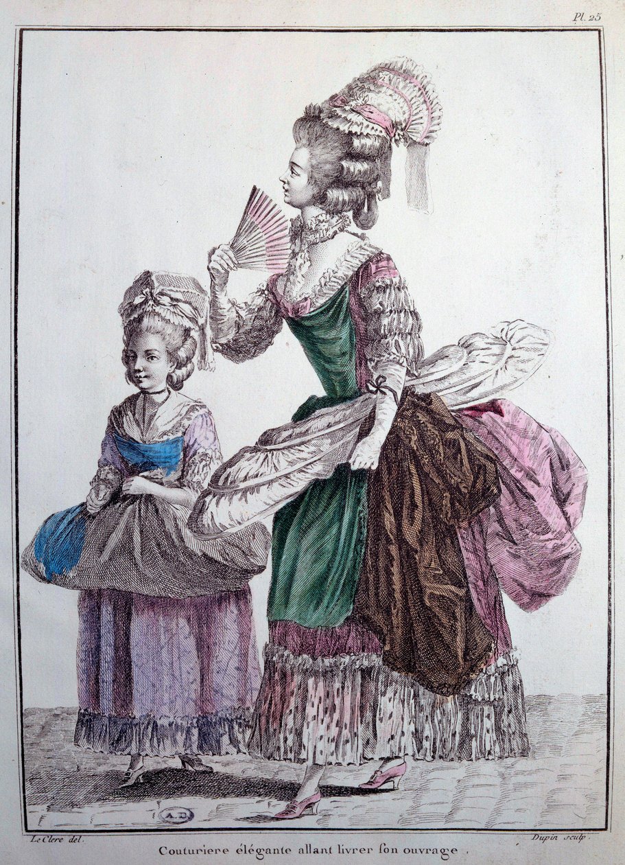 XVIII-wieczna moda: elegancka projektantka dostarczająca swoje prace, halka obszyta wielorybami służąca do podtrzymywania kobiecego stroju. Rycina 1778 Paryż, sztuka dekoracyjna autorstwa French School