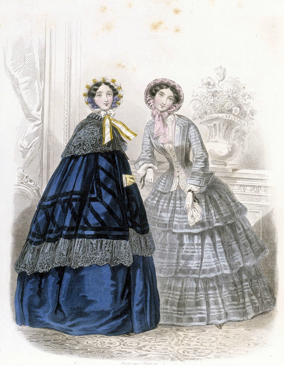2 modne kobiety: w stroju - w „Journal des Demoiselles” 1852 (grawerunek) autorstwa French School