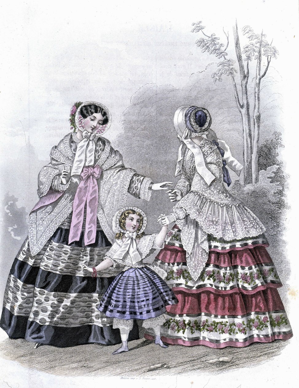 2 modne kobiety z dziewczyną na spacerze - w „Journal des Demoiselles” 1852. autorstwa French School