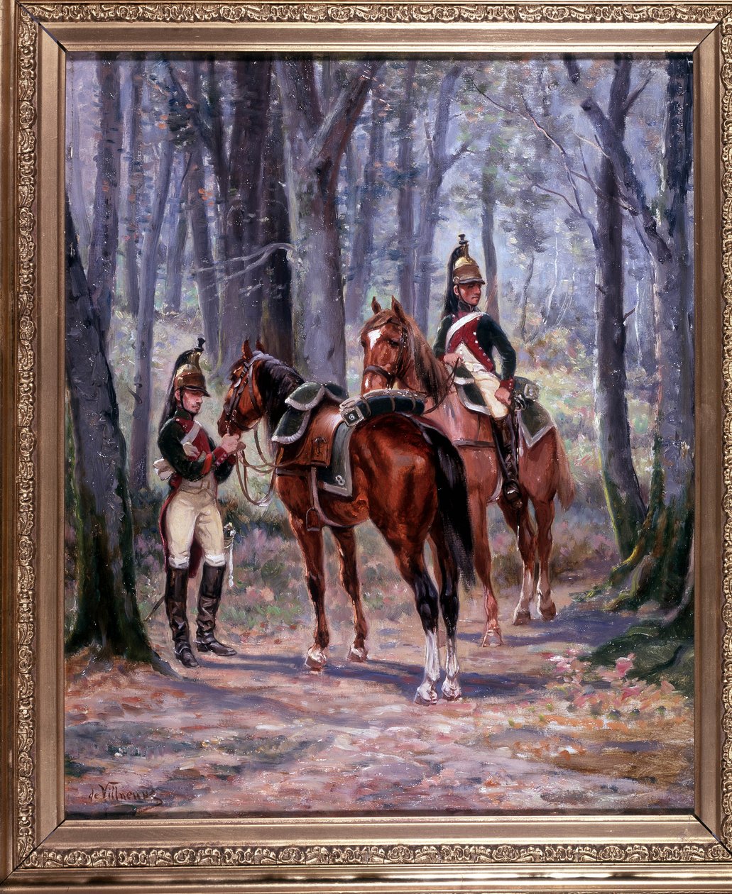 2 jeźdźców VIII Smoków, odeszli jako harcerze, obraz 65 x 58 cm, olej na płótnie De Villeneuve, malarz wojskowy z końca XIX wieku. autorstwa French School