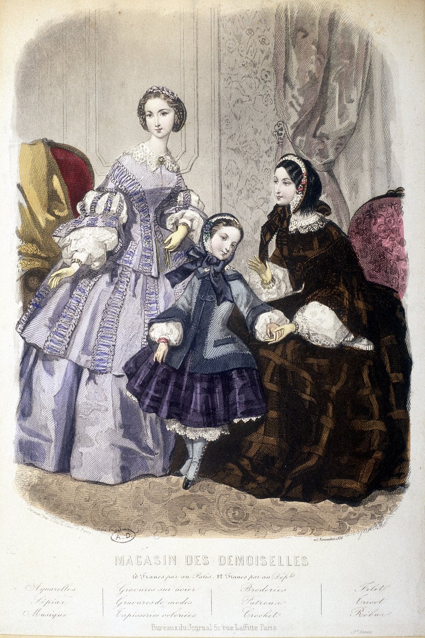 2 kobiety i dziewczynka: Moda - w „Magazin des damoiselles”. sd. około 1850 roku. autorstwa French School