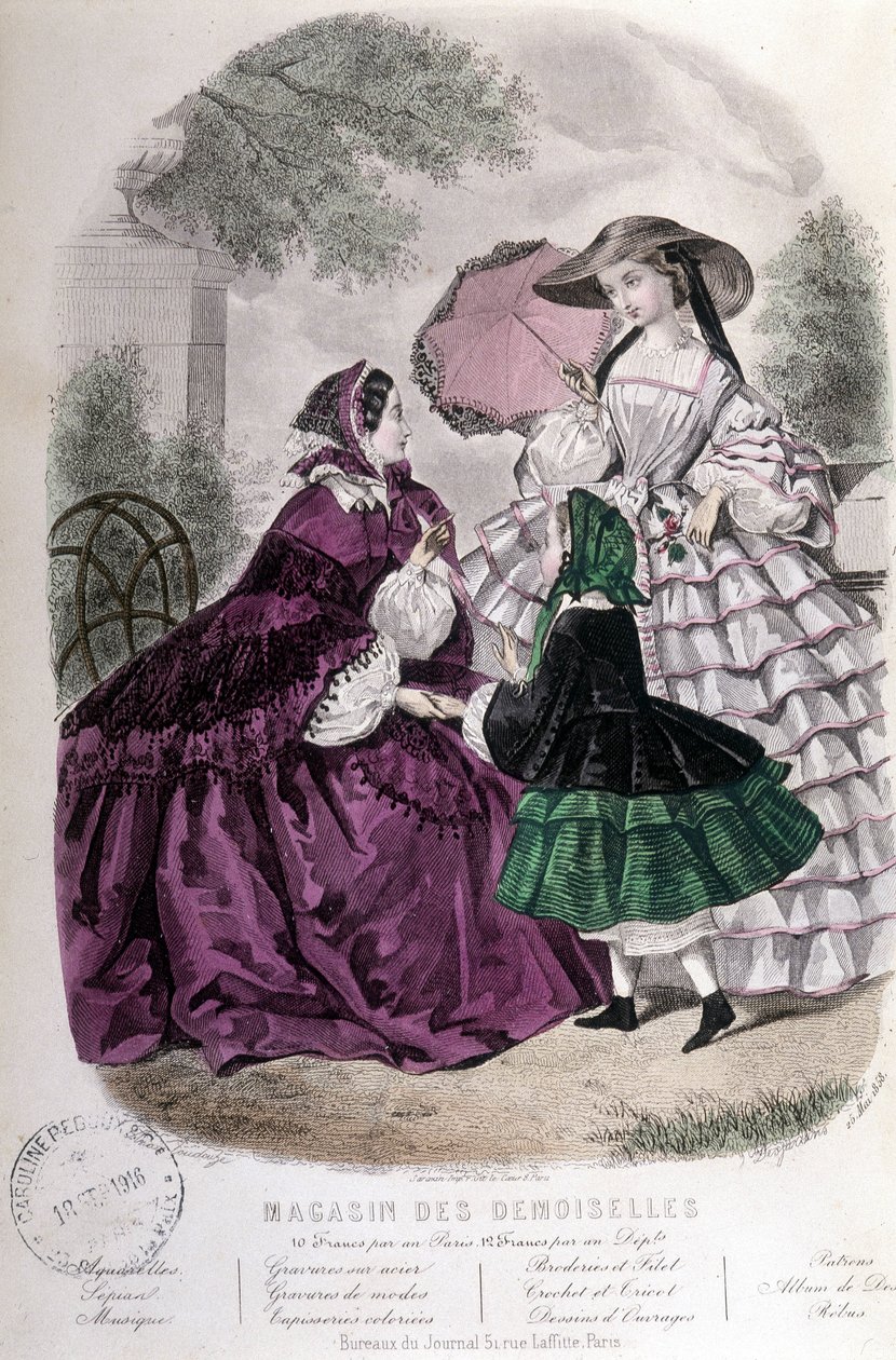 2 kobiety i dziewczynka: Moda - w „Magazynie damoiselles”. 1858 autorstwa French School