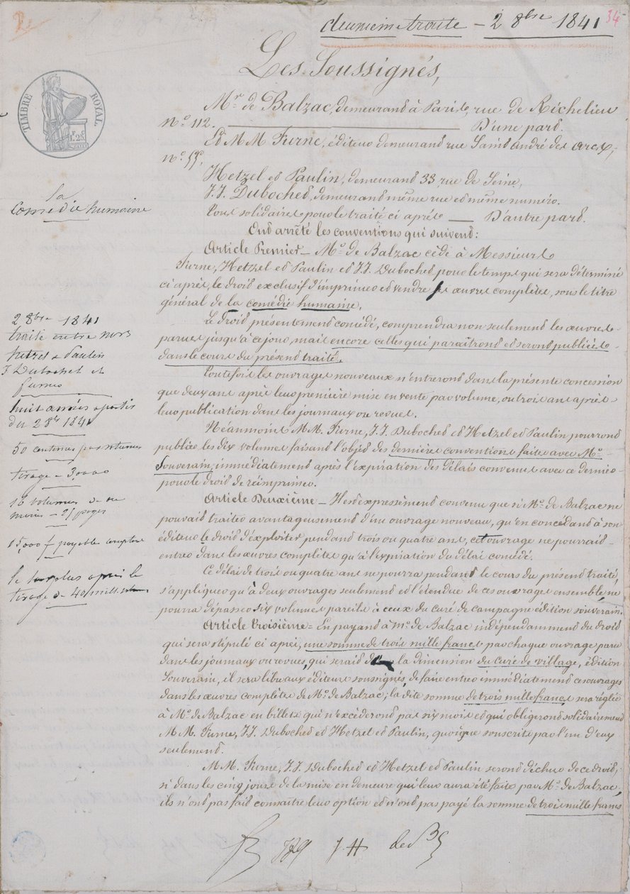 Drugi dokument kontraktowy dotyczący La Comedie Humane między Honore de Balzac (1799-1850) a Hetzel, Paulin, Dubochet i wydawcą Charlesem Furne, 2 października 1841 autorstwa French School