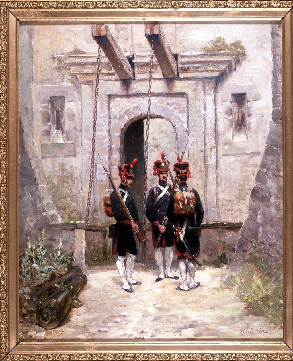 3 strzelców konwertujących, obraz 65 x 58 cm, olej na płótnie De Villeneuve, malarz wojskowy z końca XIX wieku. autorstwa French School