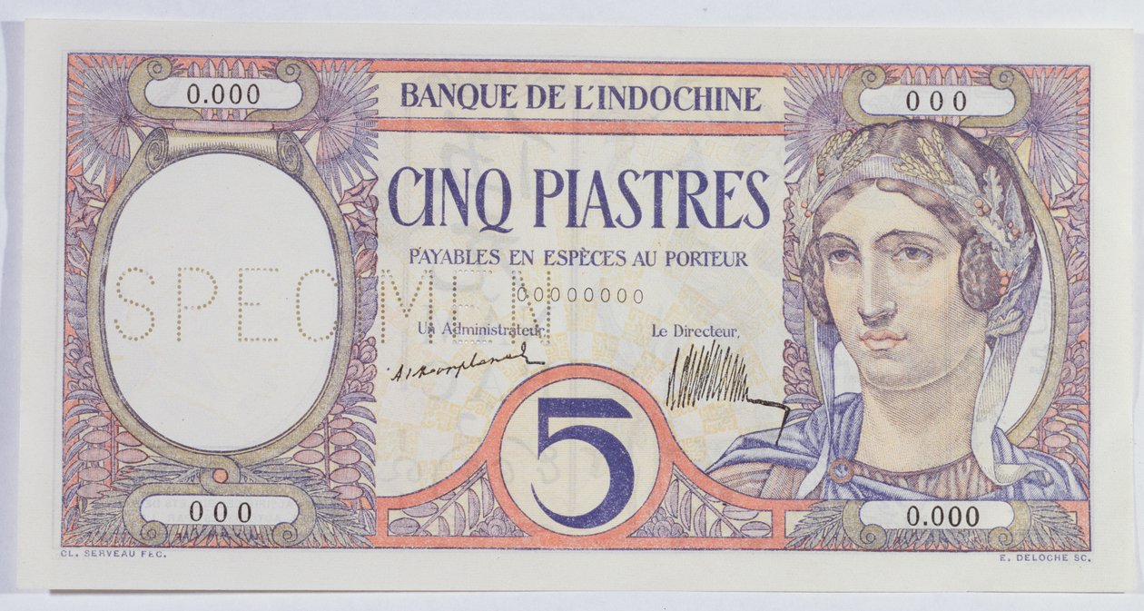 Banknot 5 piastrów, z banku Indochińskiego (papier) autorstwa French School