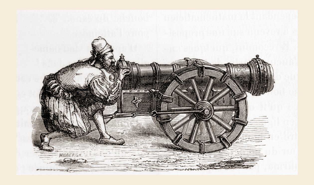 XVI-wieczna niemiecka armata ładująca od zamka, z Les Merveilles de la Science, opublikowana ok. 1870 r. (rycina) autorstwa French School