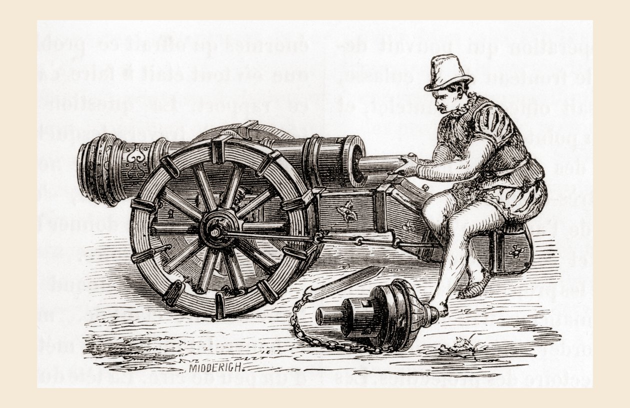 XVI-wieczna niemiecka armata ładująca od zamka, z Les Merveilles de la Science, opublikowana ok. 1870 r. (rycina) autorstwa French School