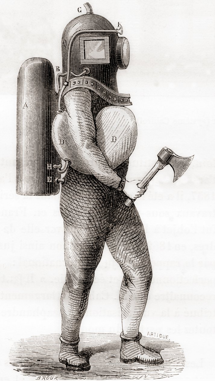 Amerykański kombinezon do nurkowania głębinowego z XIX wieku z „Les Merveilles de la Science”, opublikowany ok. 1870 r. (rycina) autorstwa French School