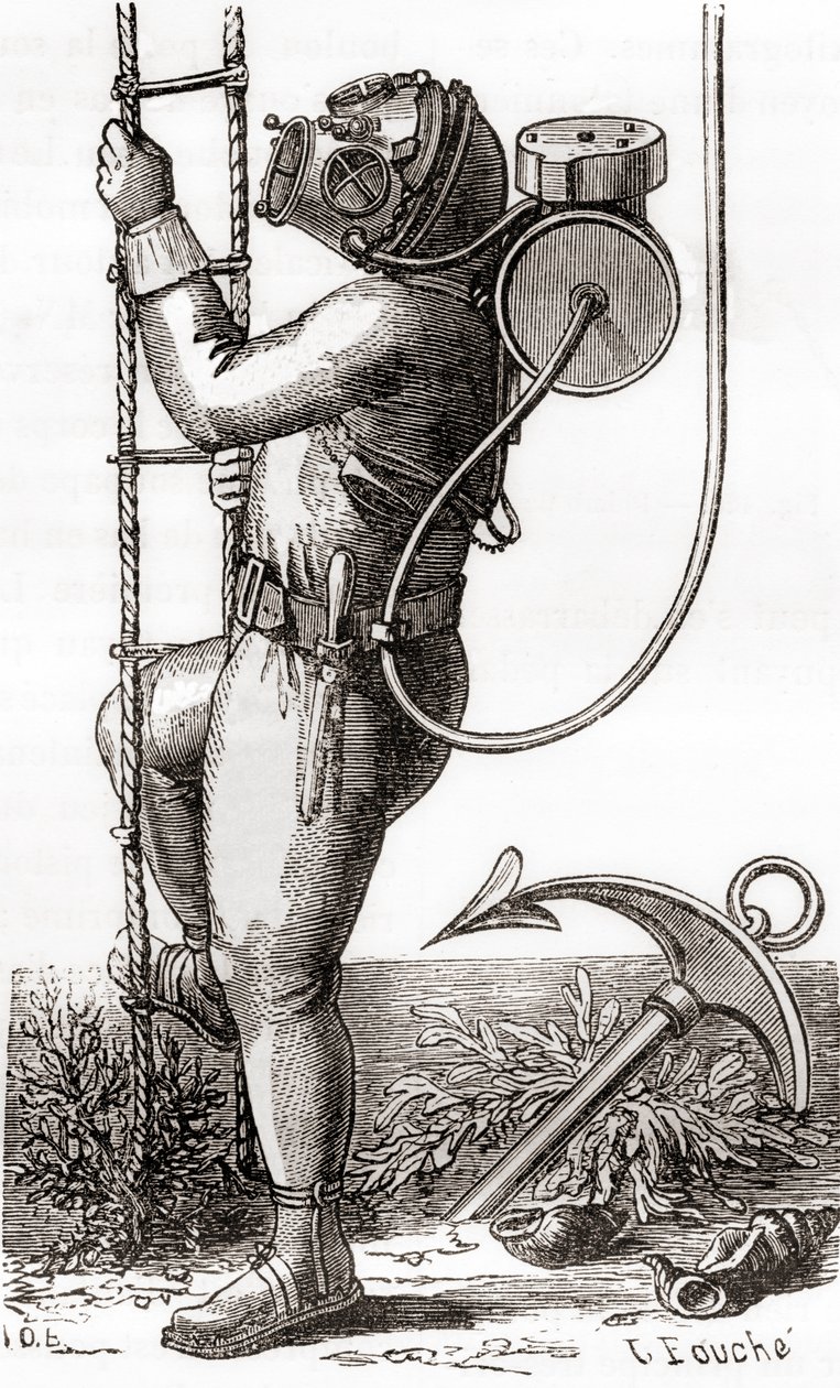 XIX-wieczny nurek głębinowy ubrany w gumowany kombinezon do nurkowania z hełmem i regulatorem butli, z „Les Merveilles de la Science”, opublikowany ok. 1870 r. (rycina) autorstwa French School
