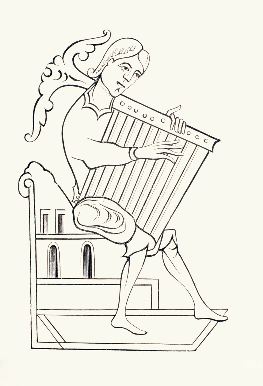 Muzyk z IX wieku grający na instrumencie muzycznym znanym jako psałterium, z „Les Arts au Moyen Age”, opublikowanej w 1873 r. (lito) autorstwa French School