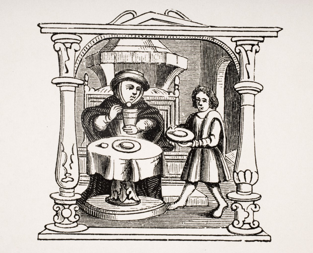 Burgess jedzący posiłek, według ilustracji z XVI-wiecznego rękopisu, z Le Moyen Age et La Renaissance autorstwa Paula Lacroix (1806-84) opublikowanego w 1847 roku autorstwa French School