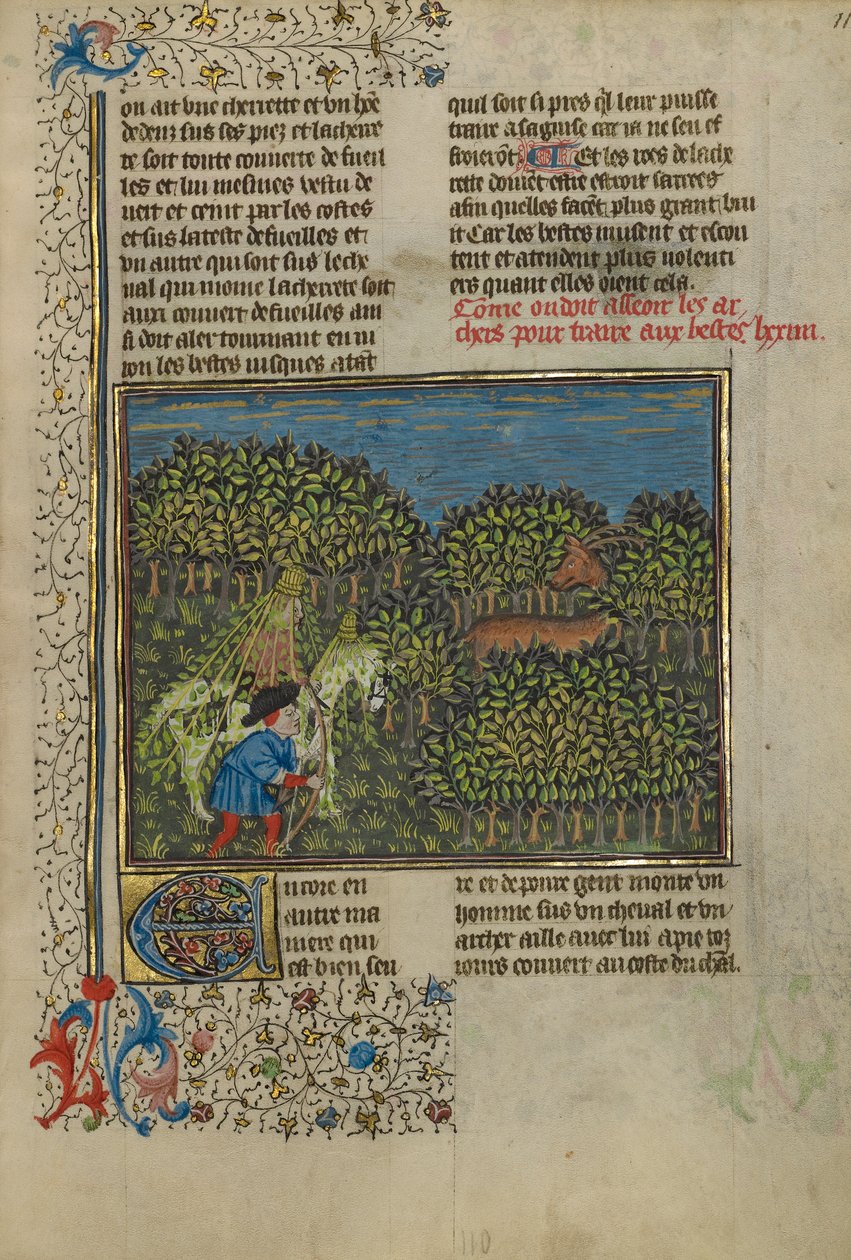 Zakamuflowany jeździec i łucznik zbliżają się do jelenia, ok. 1430-40 (tempera, złota i srebrna farba oraz złoty liść na pergaminie) autorstwa French School
