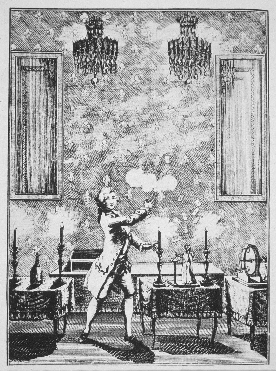 Demonstracja czarowania z La magie Blanche devoilee autorstwa Decremps, 1659, zilustrowana w Historii magii, opublikowanej pod koniec XIX wieku autorstwa French School