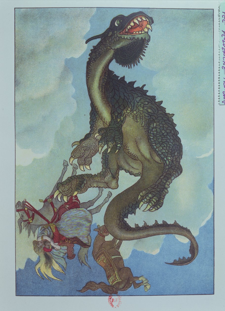 Smok spadający z nieba, ilustracja z węgierskiej bajki „Historia wróżki Pervenche”, ok. 1910 r. (litografia kolorowa) autorstwa French School
