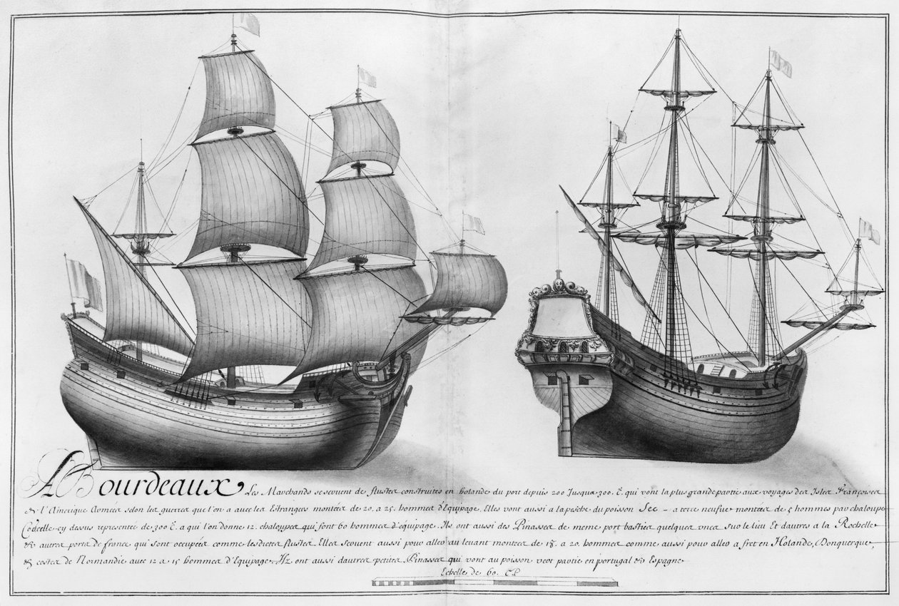 Holenderski statek sklepowy i pinasse, Bordeaux, ilustracja z „Desseins des differentes manieres de dishes… od Nantes do Bayonne…”, 1679 (ołówek i toaleta na papierze) autorstwa French School