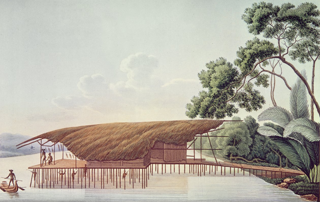 Dom mieszkalny nad wodą, Doreri, Zatoka Papuaska, z rejsu dookoła świata na Corvette La Coquille (1822-25) Louisa Isidore