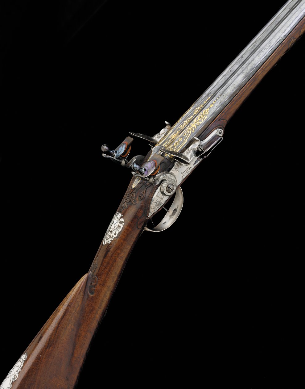 Drobny i rzadki, 20-otworowy, srebrny, francuski D.B. Sportowy pistolet skałkowy, ok.1725 autorstwa French School