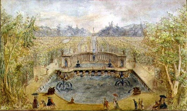 Uroczysty ogród z fontannami, ok. 1770 (pióro i atrament oraz akwarela na papierze) autorstwa French School