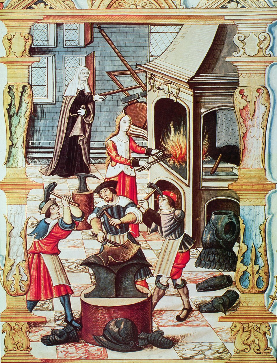 Francuska kuźnia z XVI wieku, kopia miniatury z „Chants royaux sur la Conception Couronnee du Puy de Rouen” (kolor litho) autorstwa French School