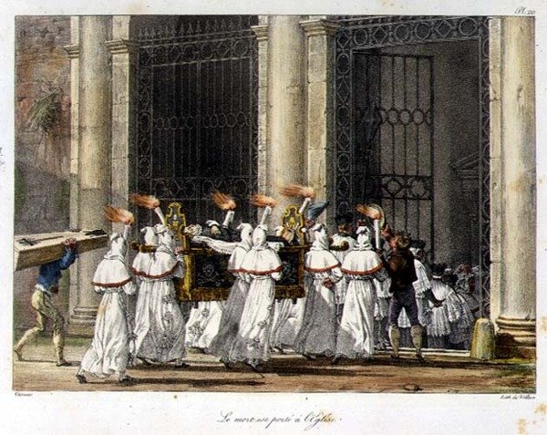 Procesja żałobna pod drzwiami kościoła (kolorowa grawerunek) autorstwa French School