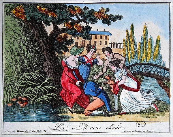 Gra w „La Main Chaude” („Gorące małże”), początek XIX wieku (kolorowe grawerowanie) autorstwa French School