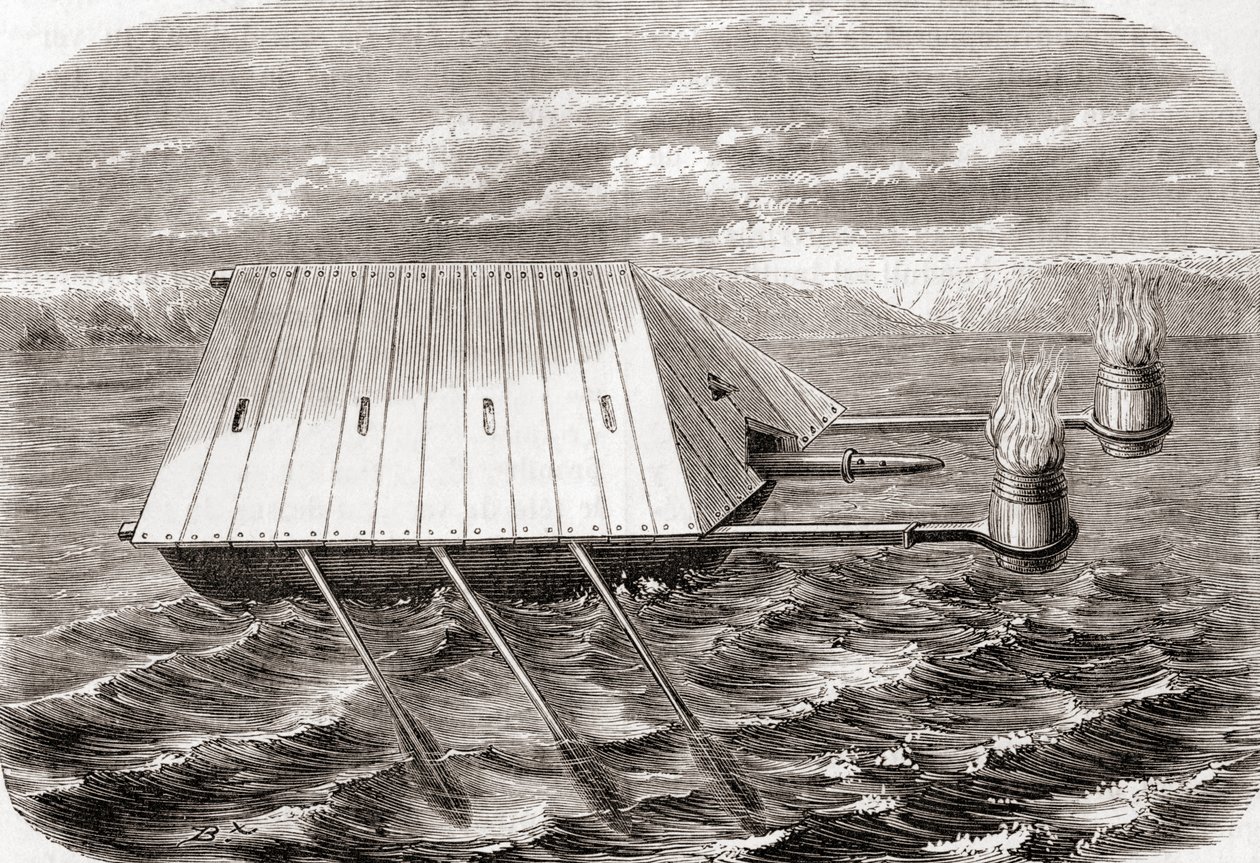Grecki statek strażacki, według rysunku w XIII-wiecznym łacińskim rękopisie z Les Merveilles de la Science, opublikowanym ok. 1870 (rycina) autorstwa French School