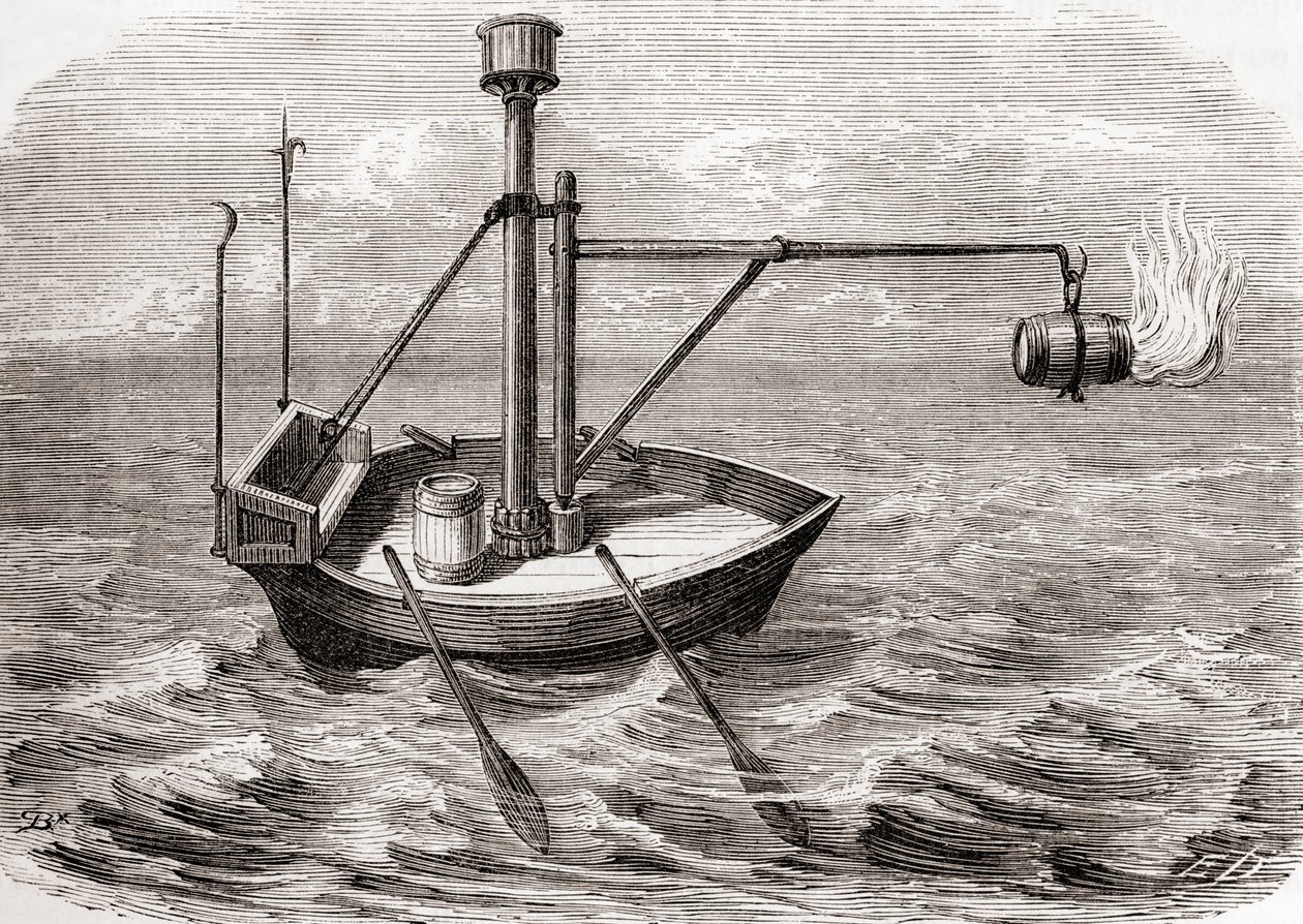 Grecki statek strażacki, według rysunku w XIII-wiecznym łacińskim rękopisie z Les Merveilles de la Science, opublikowanym ok. 1870 (rycina) autorstwa French School