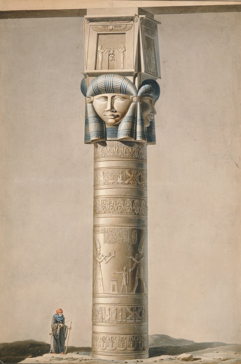 Kolumna z głową Hathor w Dendarah, ilustracja Opisy Egiptu autorstwa Edmonde Francois Jomard (1777-1862) opublikowane 1809-22 (wc na papierze) autorstwa French School
