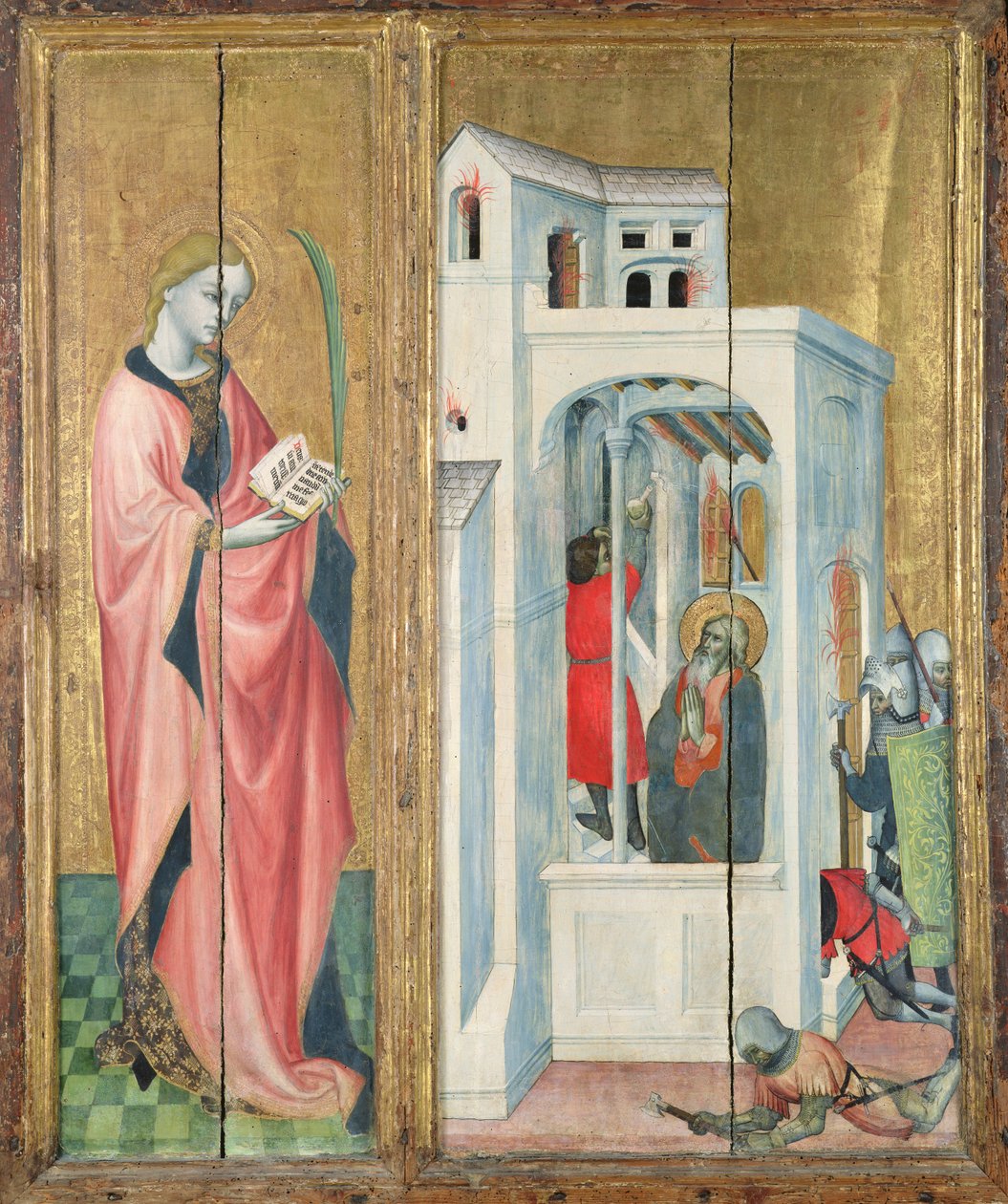 Święty męczennik i uczeń św. Andrzeja gaszący ogień, lewy panel ołtarza Thouzona, Szkoła Prowansji (tempera na panelu) autorstwa French School
